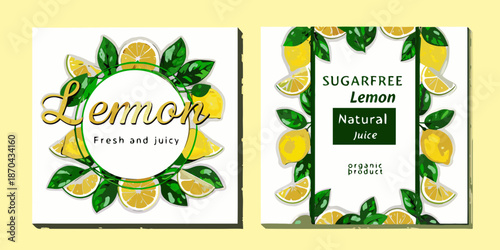 Lemon design with leaves and the word sugarfree for a fresh natural juice product