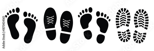Human footprints vector, baby footprint alongside various foot impressions, minimal stock illustration for anatomy and motion concepts.