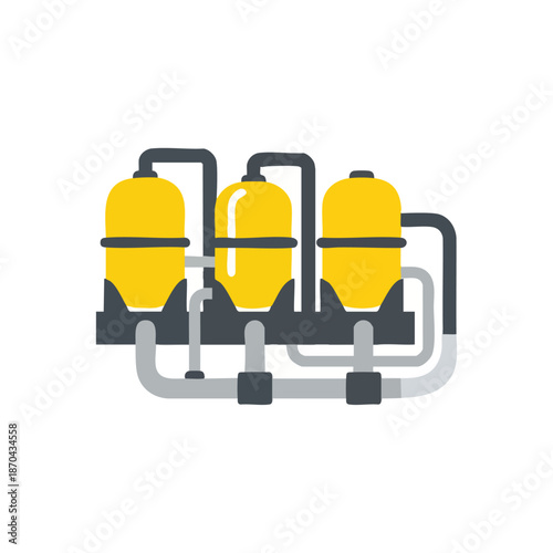 Industrial water treatment plant with yellow tanks and pipes, representing purification and processing systems.