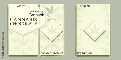 Cannabis chocolate packaging design with organic leaf patterns and text labels