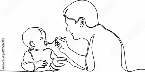 A mother lovingly feeding her baby with a spoon in a simple line drawing