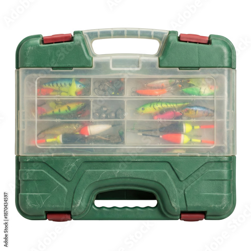 Green plastic tackle box with fishing lures on transparent background