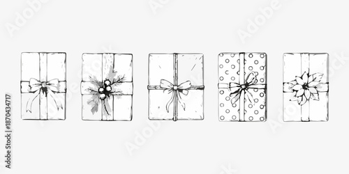 A collection of five sketch style gift boxes with various decorative ribbons