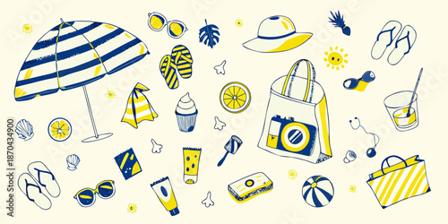 A colorful summer illustration featuring beach items like umbrellas and sunglasses