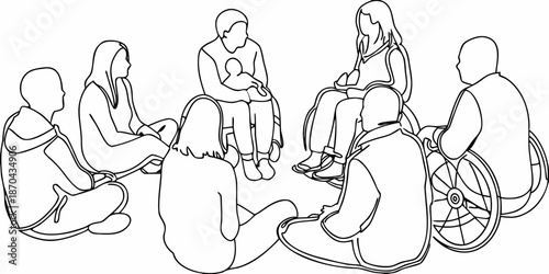 A group of people including those using wheelchairs are sitting in a circle