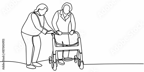 A caring person assisting an elderly woman with a walking frame