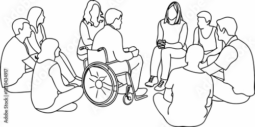 A group of people sitting in a circle including a person in a wheelchair