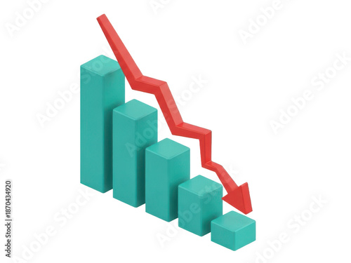 Free Download 3d graph showing a downward trend with decreasing bars and a red arrow pointing down, symbolizing decline or loss isolated on transparent background - GFXLoad