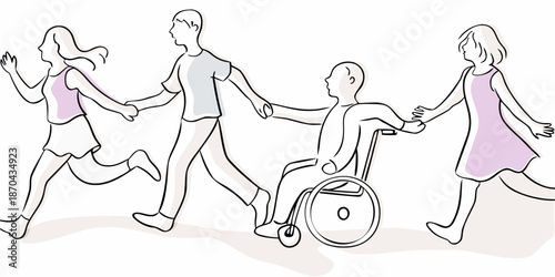 A group of people running and walking together including someone in a wheelchair