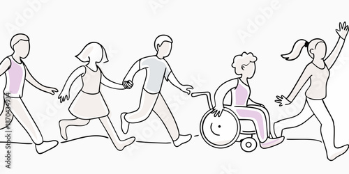Diverse group of people running and walking together including someone in a wheelchair
