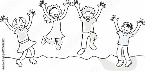 Joyful children leaping and celebrating with arms raised in sketched illustration