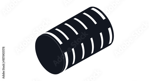 A minimalistic depiction of a black cylindrical barrel with white stripes a striking silhouette