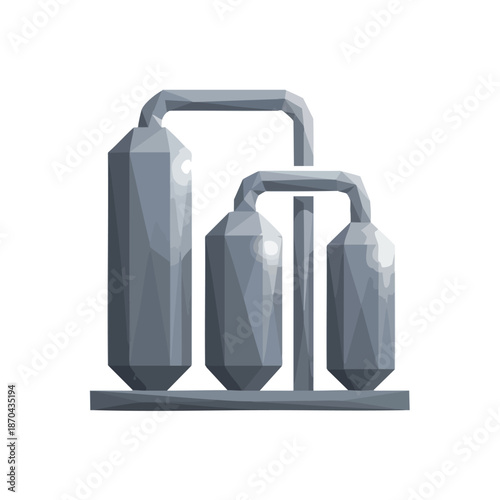 Stylized low-polygon graphic illustrating an industrial complex featuring grey processing tanks and interconnected pipes, representing manufacturing and energy infrastructure.