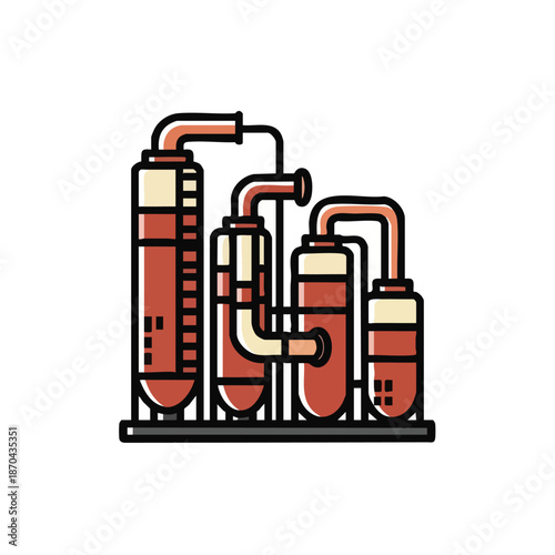 Stylized illustration of an industrial oil refinery with distillation columns and pipelines against a white background.