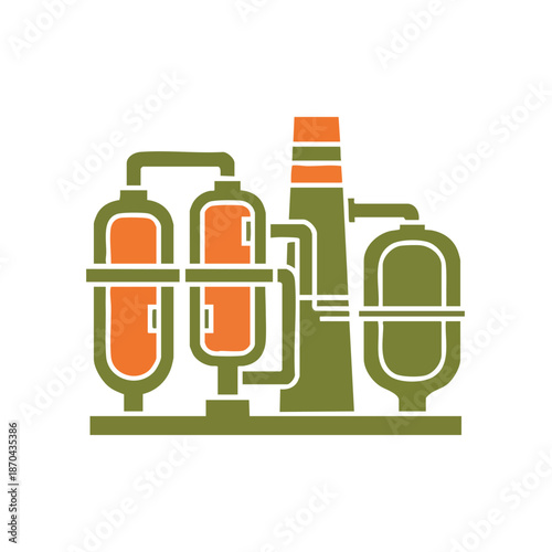 Modern industrial plant with interconnected tanks and a tall smokestack, representing manufacturing and production processes.