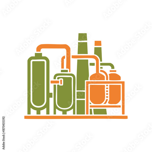Stylized illustration of an industrial factory complex with pipes, tanks, and smokestacks, symbolizing manufacturing and production processes.