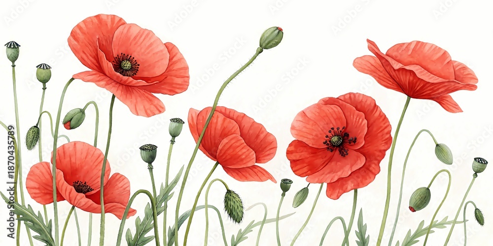 Obraz premium Red poppies and red flowers blooming beautifully in a garden with vibrant natural colors watercolor painting