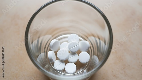 A top view of white pills in a glass container on a textured surface