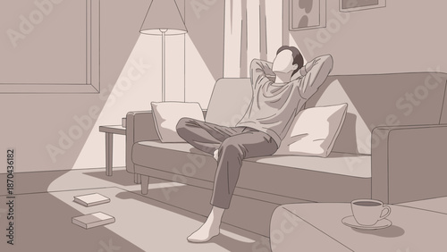 A serene illustration depicting a person finding quiet solace and comfort on a sun-drenched sofa, enjoying a peaceful afternoon moment at home