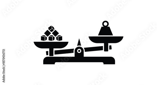 A black and white illustration depicting a balance scale with gems and a weight silhouette