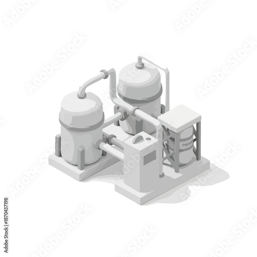 Isometric illustration of a modern industrial processing plant with tanks and pipes on a white background.