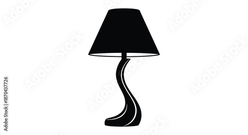 A striking black lamp with a curved base and lampshade presented as a silhouette
