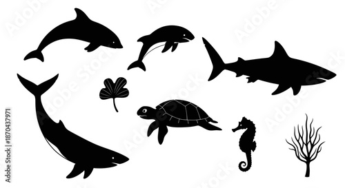 Mystical underwater world: Silhouette illustration of marine animals and plants, black and white
