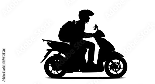 Silhouette of a scooter rider with a backpack, on a white background in a minimalist design