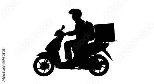Silhouette of delivery man on scooter offering express service with secure box