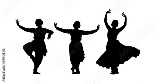 Silhouettes of classical indian dancers performing traditional kathak poses against a clean white