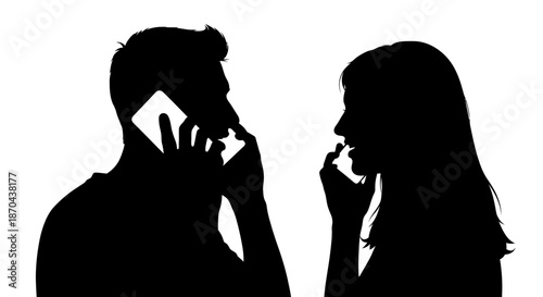 Silhouette of a man talking on a smartphone and a woman with a worried expression