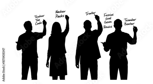 Silhouettes of diverse professionals writing on a transparent board collaboratively sharing ideas