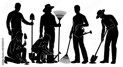 Silhouette illustration of gardeners working together in a garden or farm environment