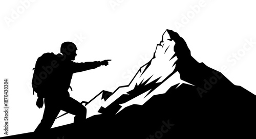 Silhouette of a hiker pointing towards a mountain peak adventure and challenge landscape