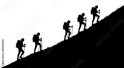 Silhouette of determined women hiking up a steep hill with backpacks and trekking poles