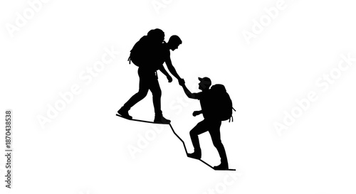 Silhouette of two hikers helping each other climb a mountain path with backpacks