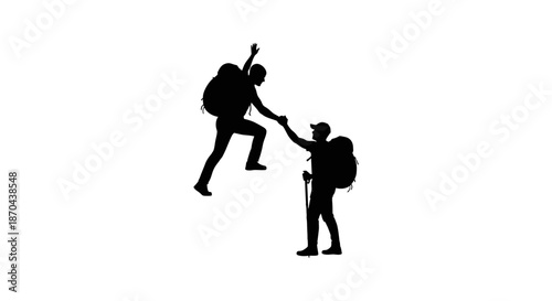 Silhouette of hikers assisting each other on a challenging climb emphasizing teamwork and