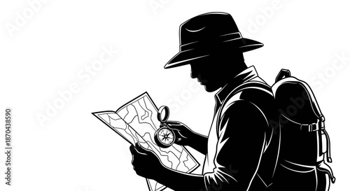 Silhouette of adventurer using map and compass planning journey in black and white