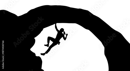 Silhouette of a Climber Conquering an Arch Rock Formation Against a White Backdrop