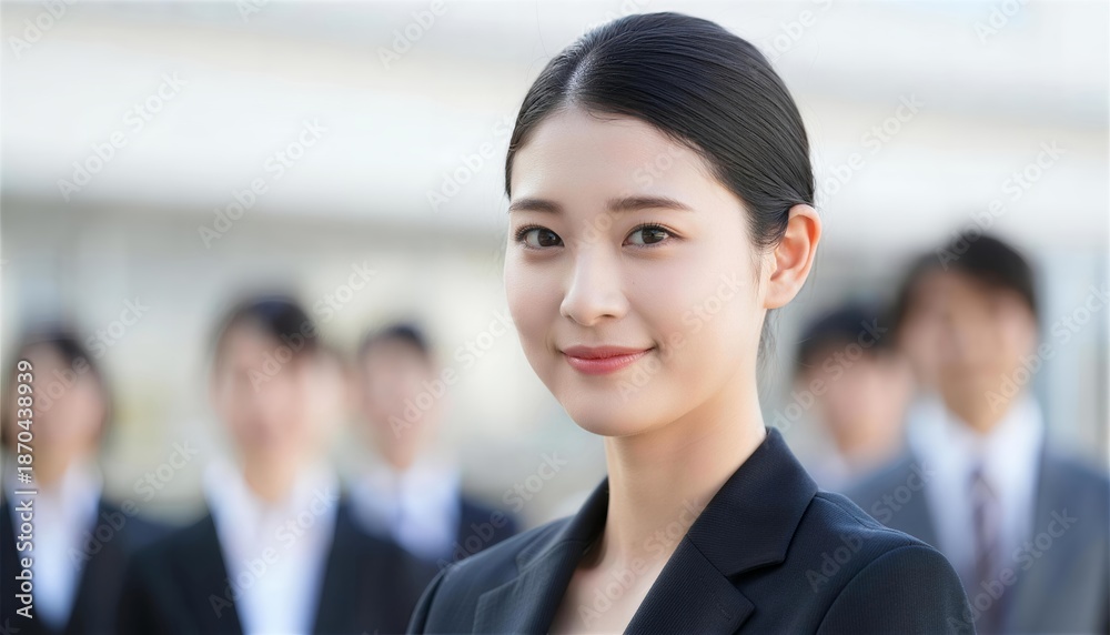 Fototapeta premium 同期を背に優しく微笑む新卒代表の女性クローズアップ