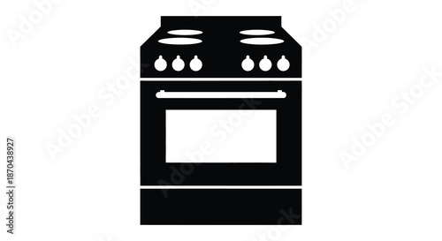 A simple black and white illustration depicting a classic kitchen stove in a flat silhouette