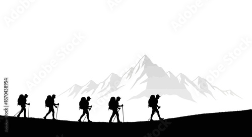 Silhouette of hikers with backpacks trekking through mountains, showcasing adventure and team
