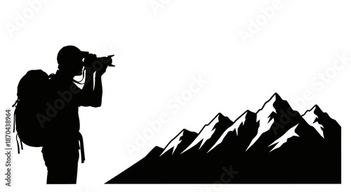 Silhouette of a photographer with a backpack taking pictures of a mountain landscape representing