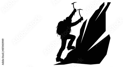 Silhouette of a climber ascending a rock face with ice axes conveys adventure exploration