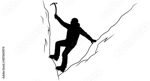 Silhouette of a mountain climber ascending a steep rock face with an ice axe in hand expressing