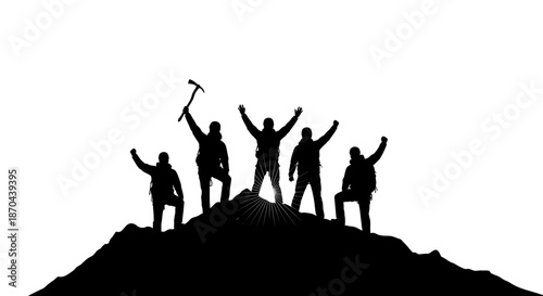 Black silhouettes of a group of alpinists celebrating the summit achievement on a mountain