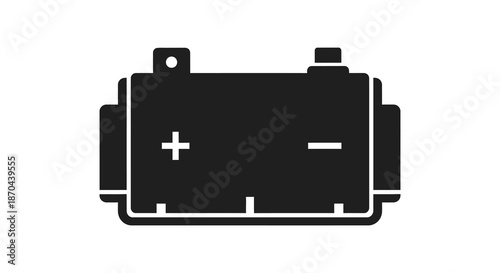 A stark black automotive battery symbol displayed in a flat minimalist style silhouette