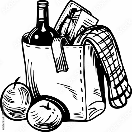 A classic picnic basket filled with wine fruit and a checkered blanket