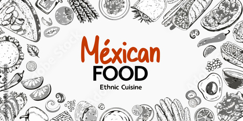 A vintage style illustration showcasing a variety of traditional mexican food elements
