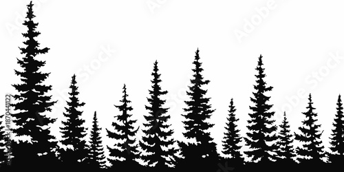 Silhouetted evergreen trees against a stark white background create a forest scene